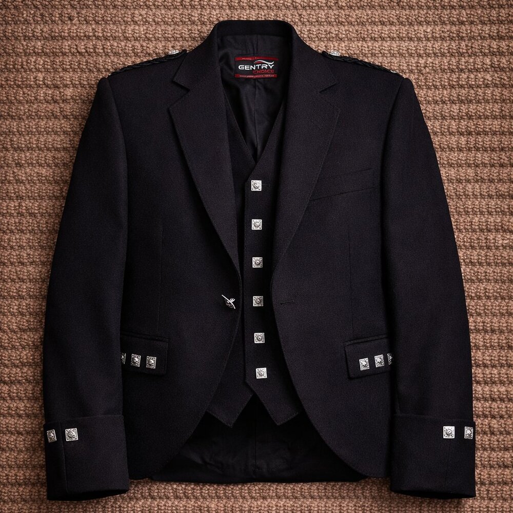 Black Scottish Argyle Jacket & Vest Formal Highland Wear Outfit